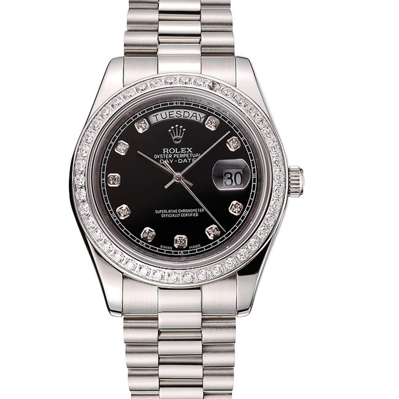 MiroTime 0818 Swiss Rolex Day-Date Black Dial Diamond Case Diamond Numerals Stainless Steel Bracelet 1453965